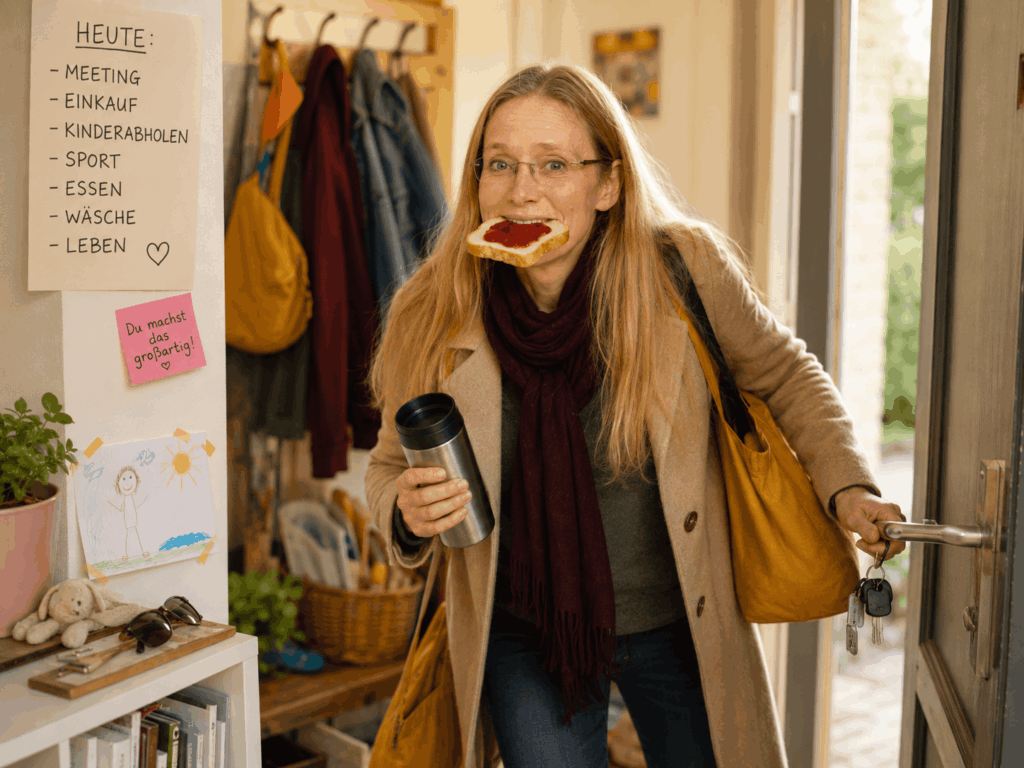Eine Frau, die mit einem Brot im Mund getresst aus der Tür geht.