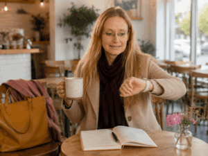 Frau schaut auf die Uhr und ist im Stress
