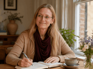 zufriedene Frau am Schreibtisch